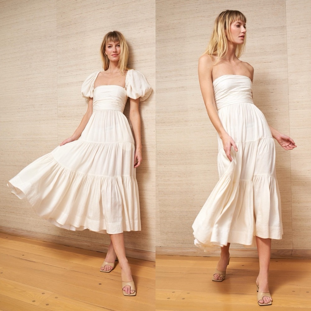 NWOT La Ligne Ivory Convertible Strapless Puff Sleeve Sofia Linen Blend Dress